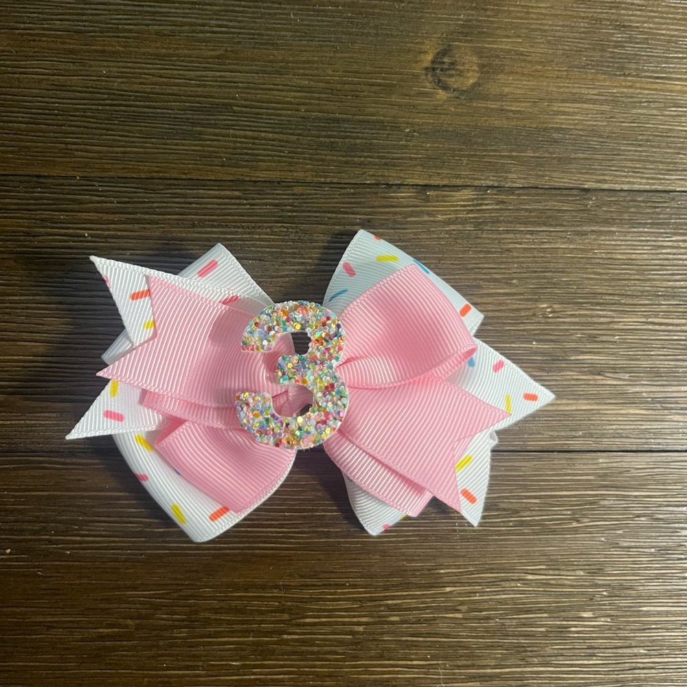 Pink and White Birthday Bow with Number 3